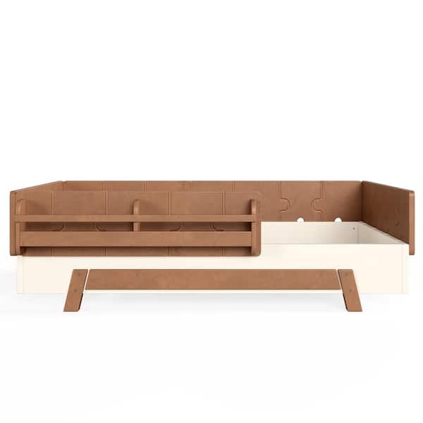 Beige Solid Wood Frame Twin Platform Bed with Full-Length Guardrails and Bookshelves durable construction