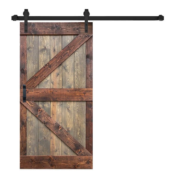 ISLIFE K Series 42 in. x 84 in. Brown/Walnut Finished Soild Wood Sliding Barn Door with Hardware Kit - Assembly Needed