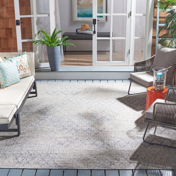 Courtyard Gray/Navy 7 ft. x 7 ft. Distressed Indoor/Outdoor Patio  Square Area Rug