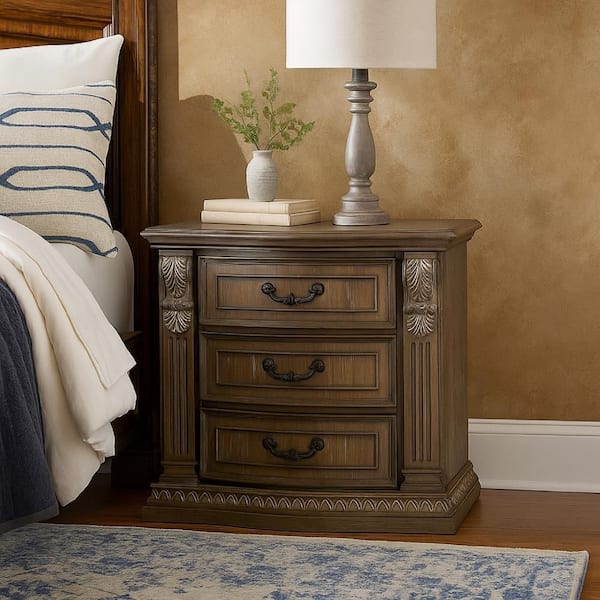 Reven Oak Brown and Bronze 3-Drawer 18 in. W Nightstand