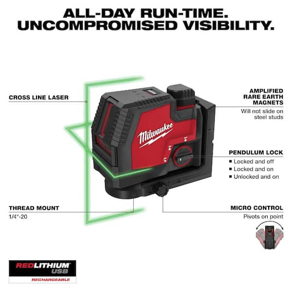 100 ft. REDLITHIUM Lithium-Ion USB Green Rechargeable Cross Line Laser Level with Charger