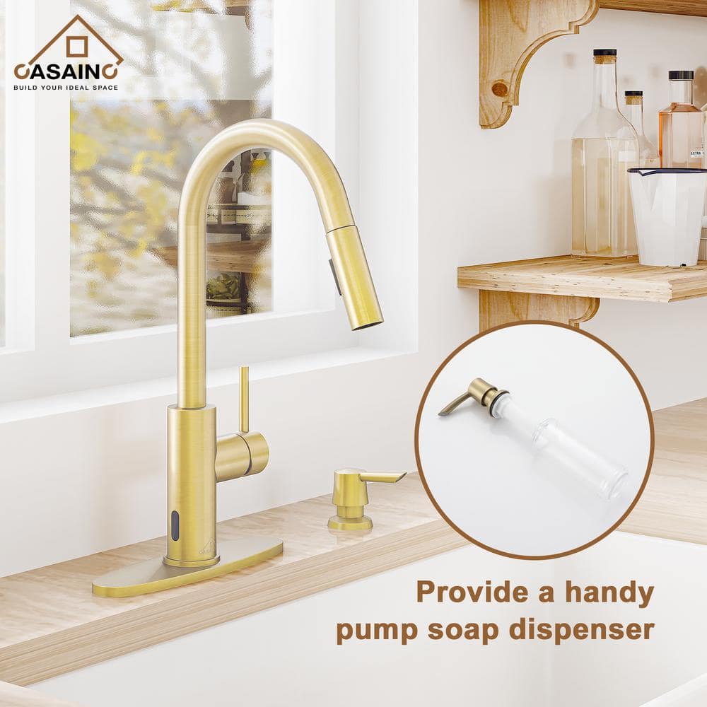 Brushed Gold Stainless Steel Pull-Down Kitchen Faucet with Infrared Sensor
