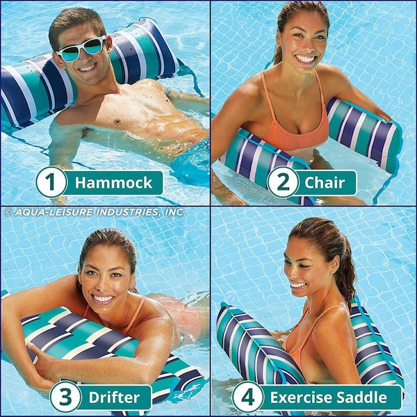 Longer/Wider Inflatable Pool Chair Teal/Navy Stripe Saddle, Lounge Chair, Hammock, Drifter Water Hammock Adult Pool Float AQUA 4-in-1 Monterey Hammock XL 