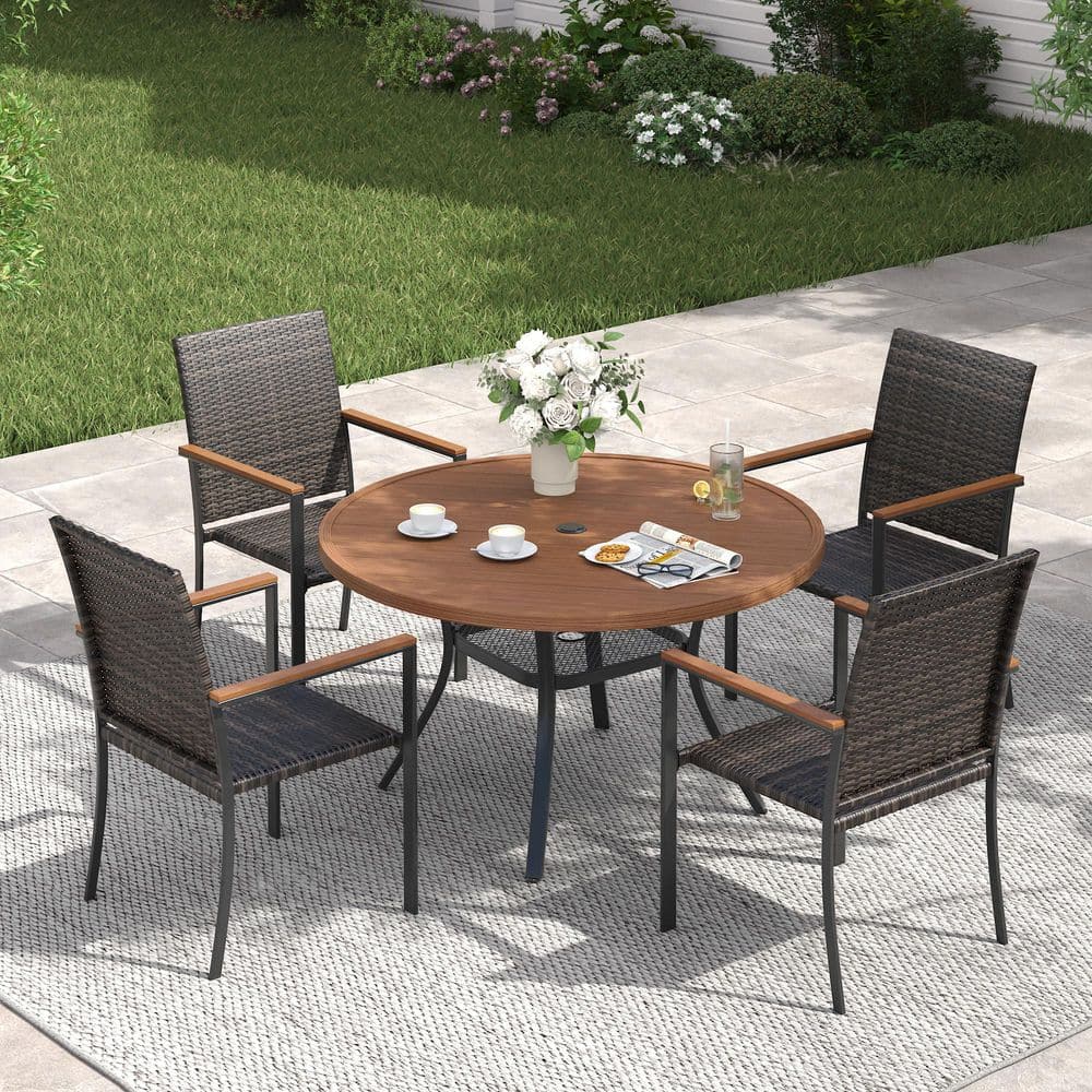 5-Piece Metal Outdoor Dining Set with 40.6 in. Walnut Round Dining Table and 4 Brown Wicker Stackable Dining Chairs price history on PriceWatchPro