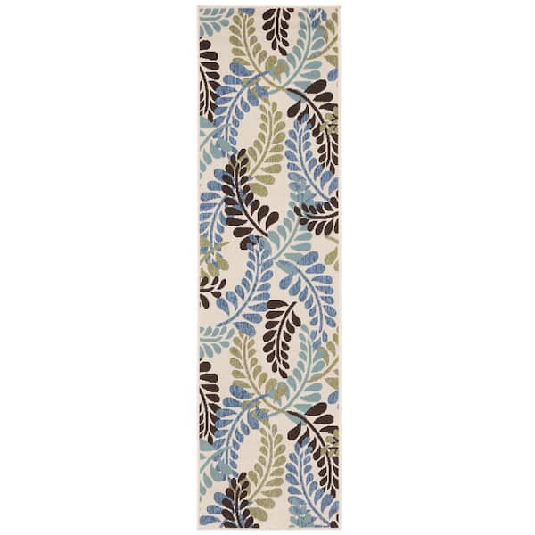 Veranda Cream/Aqua 2 ft. x 8 ft. Oversized Leaves Indoor/Outdoor Runner Rug