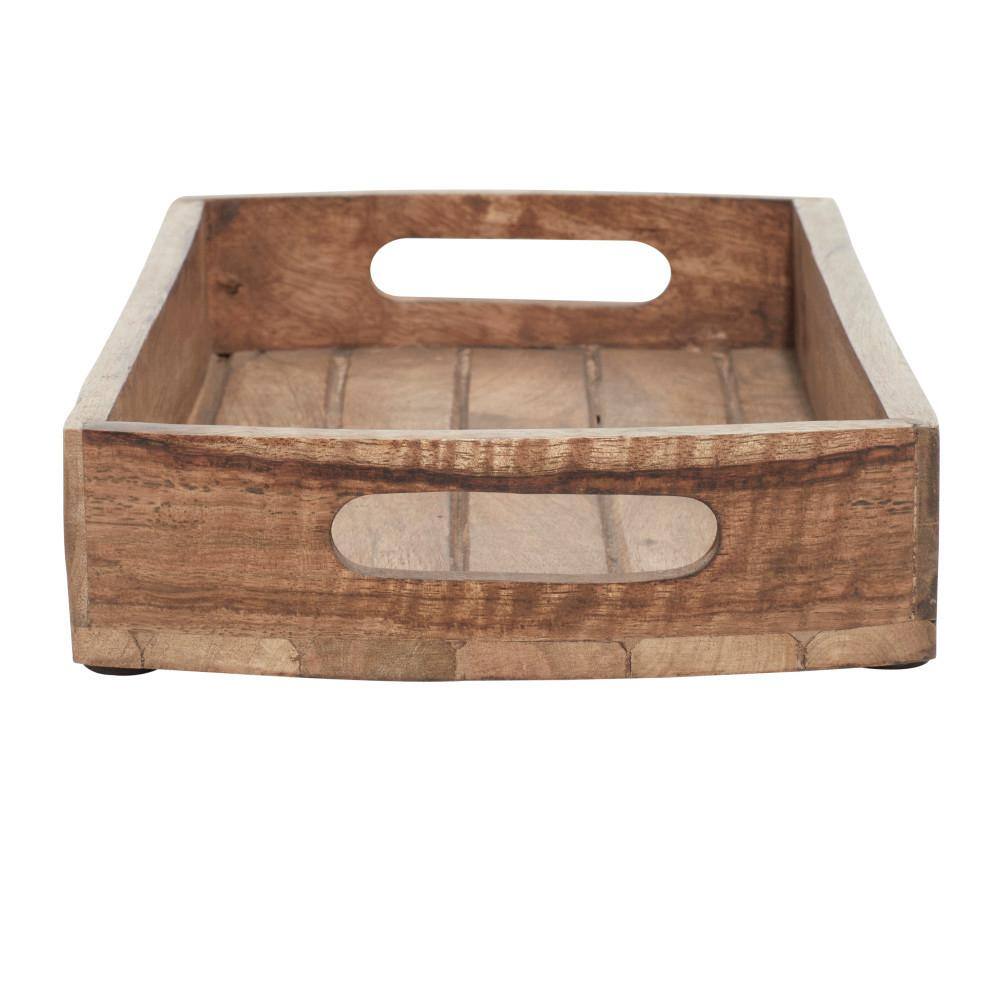 Light Brown Mango Wood Decorative Tray Set with Slot Handles, 3-Piece
