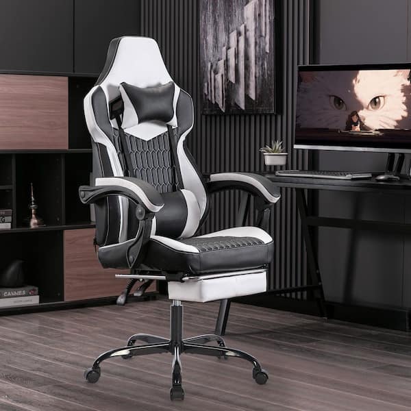 Leather Seat Reclining Ergonomic PC Gaming Chair in Black with Massage Footrest Comfortable Headrest and Lumbar Support