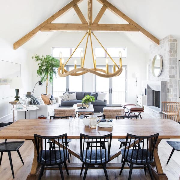8-Light Gold Hemp Rope Wagon Wheel Chandelier Hanging Linear Chandelier Lighting for Dining Room Living Room