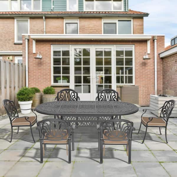 Willit Elizabeth Black 7-Piece Cast Aluminum Outdoor Dining Set with Oval Table and Dining Chairs with Random Color Cushion