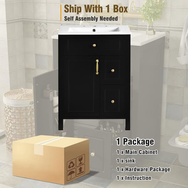 Ziyudura 24 in. Single Sink Freestanding Black Bath Vanity with