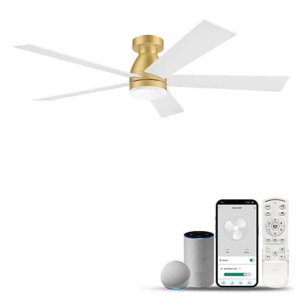 52 in. Smart Outdoor Indoor White Gold flush mount Ceiling Fan with Dimmable Color LED light WIFI/ALEXA/Remote Control