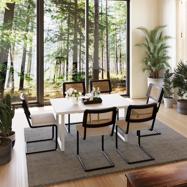 Outdoor Metal Lounge Chair With Dark Beige Cushion, Black Metal Base, Natural Rattan Backrest Set of 2