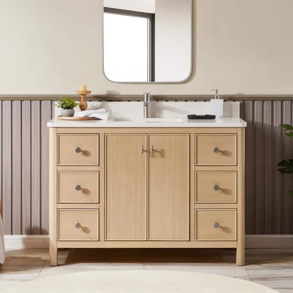 Narva 48 in. W x 22 in. D x 34.25 in. H Single Sink Freestanding Bath Vanity in White Oak with Carrara Quartz Top price history on PriceWatchPro