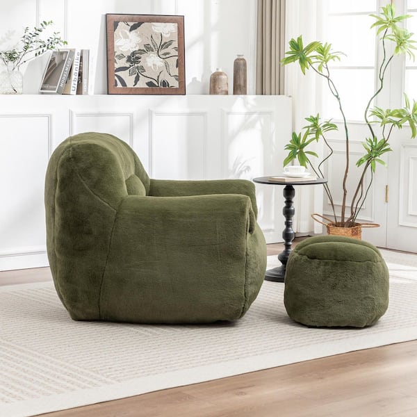 Elijah Green Faux Fur Bean Bag Chair with Back Support and Footstool