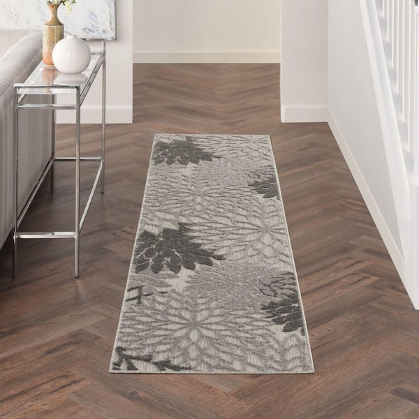 Aloha Gray 2 ft. x 6 ft. Kitchen Runner Floral Modern Indoor/Outdoor Patio Area Rug