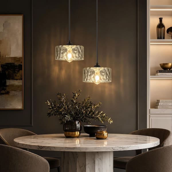 RayHome 1-Light Matte Blak Pendant Light with Clear Water Glass Shade,Ceiling Light for Kitchen Island, Dining Room