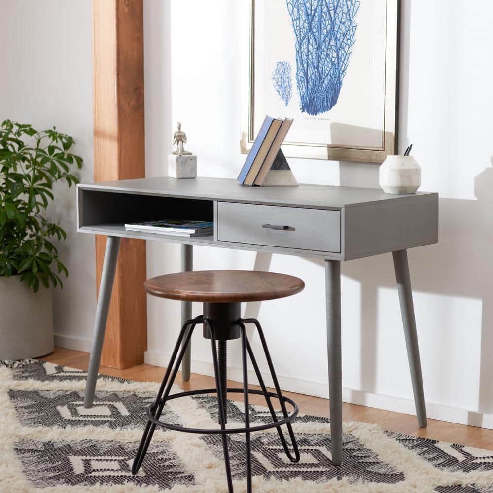 Distressed Grey Wood Mid-Century Writing Desk with Drawer
