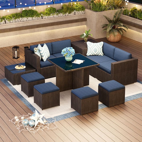 Black Rattan Wicker 8 Seat 9-Piece Steel Outdoor Patio Sectional Set with Blue Cushions,Coffee Table and Storage Box