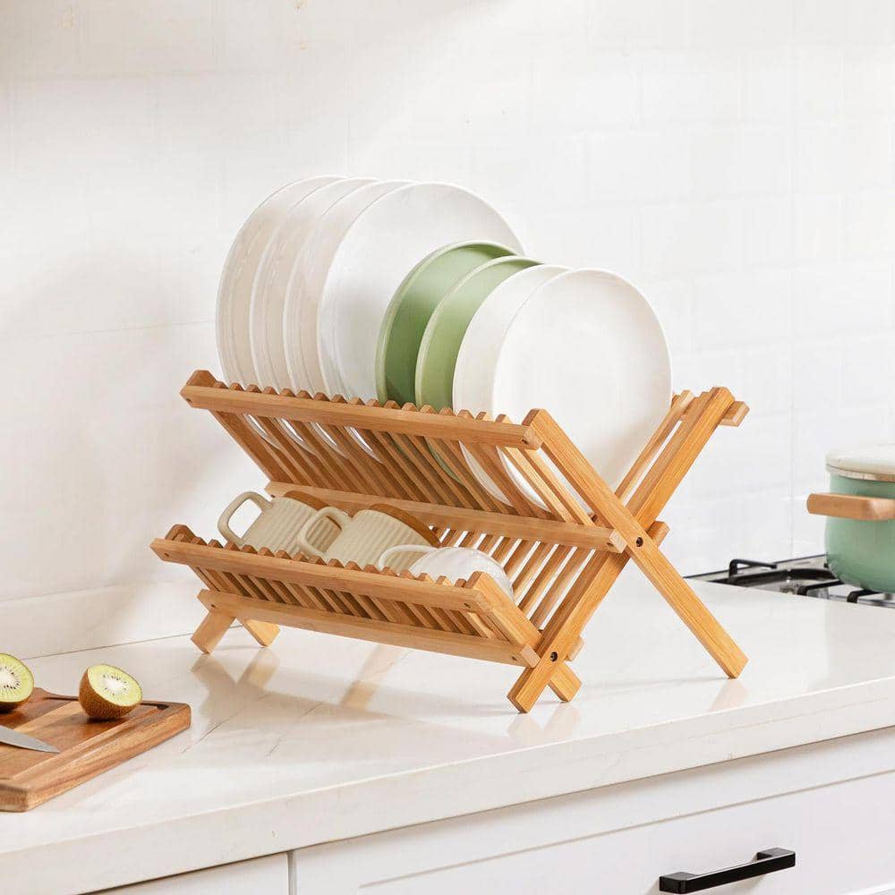 Lynzavix Natural Finish 2-Tier Collapsible Bamboo Dish Drying Rack