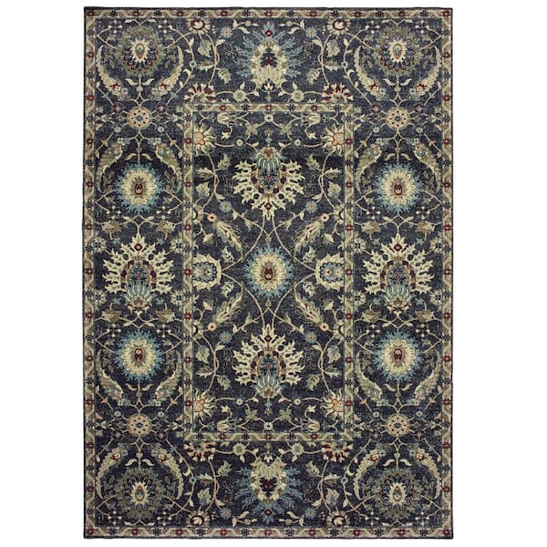 10 ft. x 13 ft. Navy Blue, Ivory Oriental Washable Area Rug