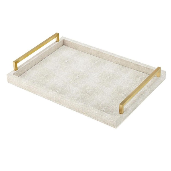 Ivory Faux Leather Serving Tray with Brushed Gold Handles (17 x 12 in.)
