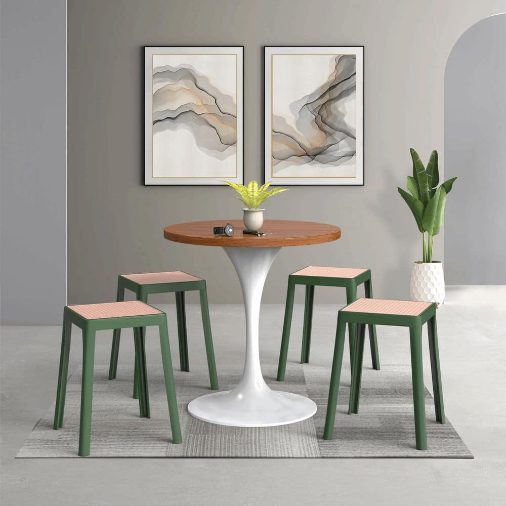 Tresse 18 in. Stackable Square Dining Stool – Backless Wicker-Top Seat for Kitchen, Patio, Garden Set of 2 in Green