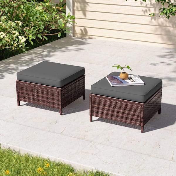 Sonkuki 2-Piece Steel Frame Brown Wicker Outdoor Ottoman with Gray Cushions
