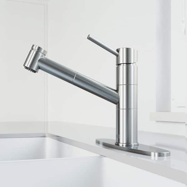 VIGO Branson Single-Handle Pull-Out Sprayer Kitchen Faucet with Deck Plate in Stainless Steel