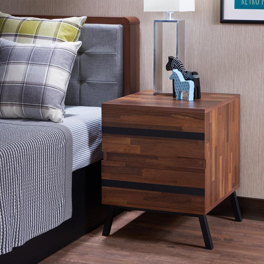 Walnut and Black Modern Rectangular Nightstand with Storage