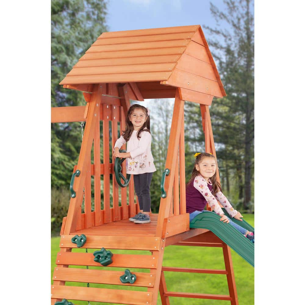 Cedar Chalet Wooden Playset with Slide, Swings, and Fort