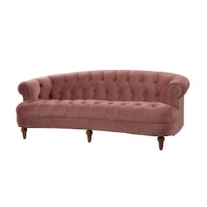 La Rosa 84 in. W Round Arm Velvet Victorian Chesterfield Curved Tufted Sofa, Ash Rose Pink Velvet