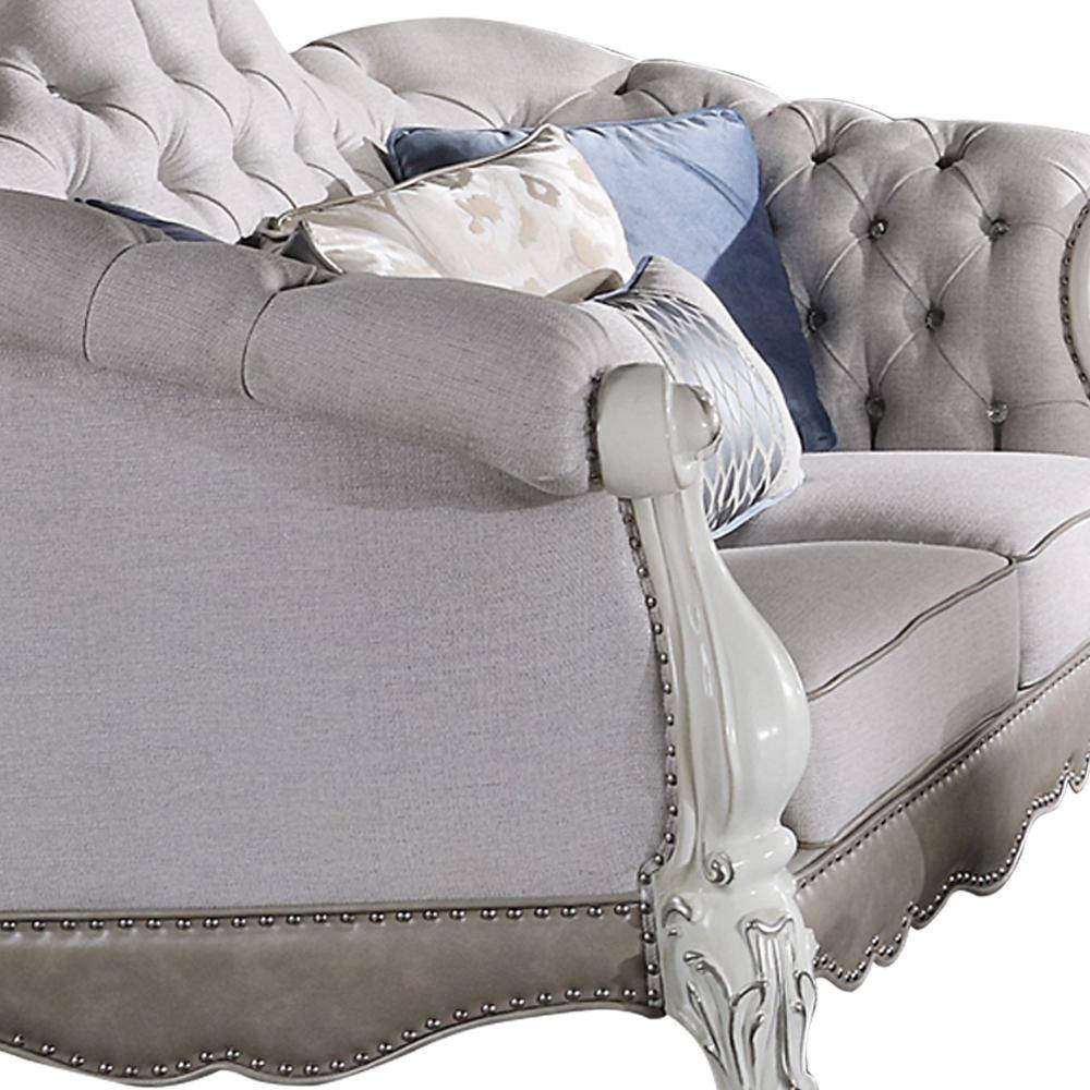 Bone White Faux Leather Tufted Sofa with Ottoman