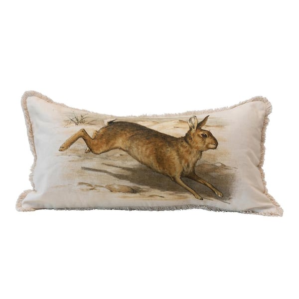 Storied Home Cotton Lumbar Pillow with Vintage Reproduction Rabbit and Fringe