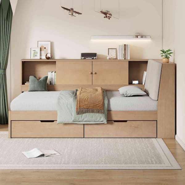 Natural Twin Size Daybed with Storage Bookcase and Upholstered Headboard and USB Charging Ports