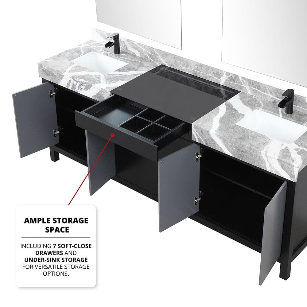 Zilara 84" Double Vanity with Castle Gray Marble Top and Black Faucet