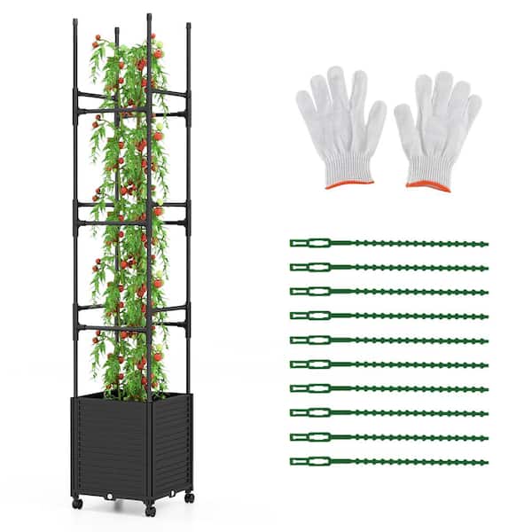 HONEY JOY Metal Raised Garden Bed with Trellis and Wheels Self-Watering and 3-Heights and Detachable PE-Coated Tubes