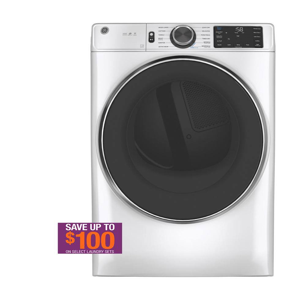 GE 7.8 cu.ft. Smart Front Load Gas Dryer in White with Steam and Sanitize