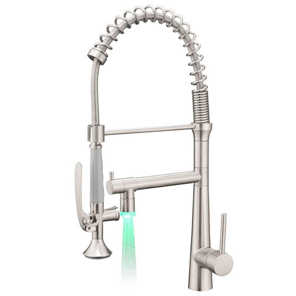 Double Handle LED Kitchen Sink Faucet with Pull Down Sprayer Modern Commercial Spring Brass Taps in Brushed Nickel -  FLG, CC-0066-BN