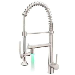 Double Handle LED Kitchen Sink Faucet with Pull Down Sprayer Modern Commercial Spring Brass Taps in Brushed Nickel