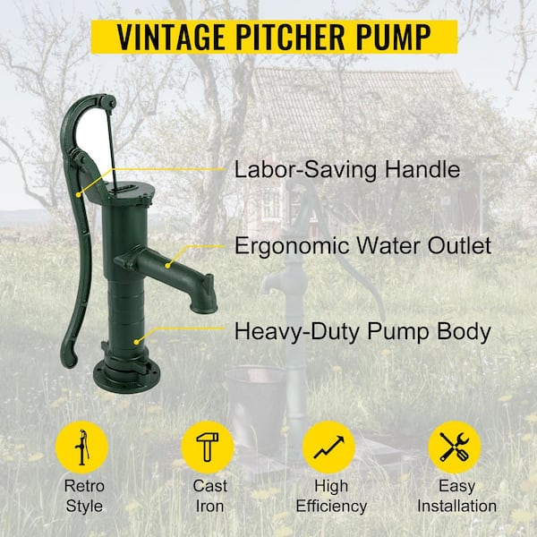 VEVOR Hand Water Pump w/Stand, 15.7 x 9.4 x 51.6 inch Pitcher Pump& 26 inch  Pump Stand w/Pre-set 1/2 Holes for Easy Installation, Rustic Cast Iron