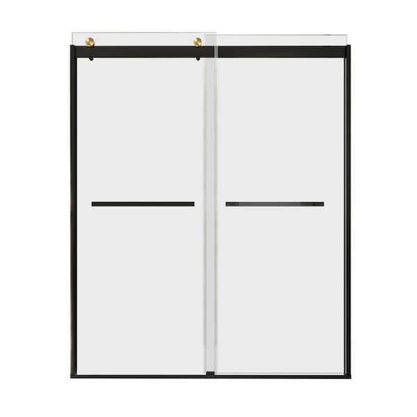 60 in. W x 74 in. H Freestanding Double Sliding Frameless Shower Enclosure in Matte Black Finish with Tempered Glass