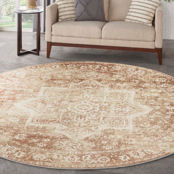 Astra Machine Washable Rust 8 ft. x 8 ft. Distressed Traditional Round Area Rug