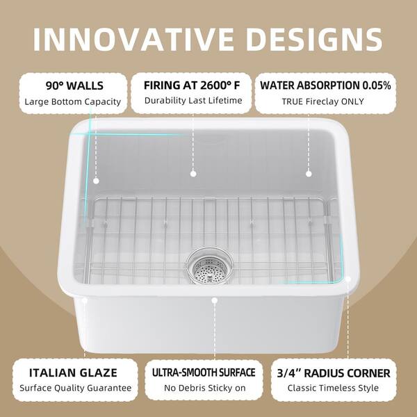 Zeafive Ale 24 in. White Kitchen Sink Fireclay Drop-in