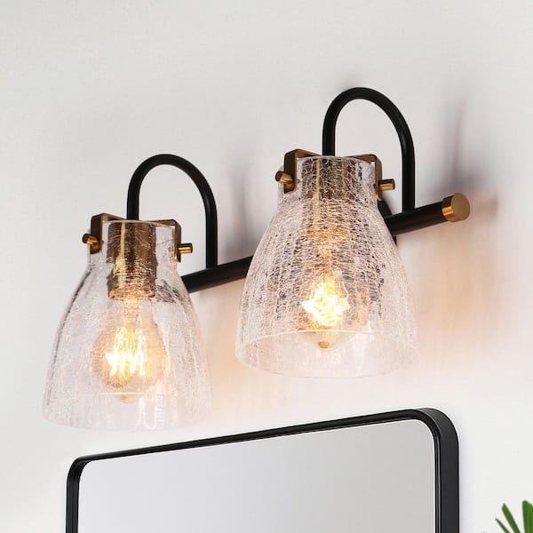 LNC Fumira 13.8 in. 2-Light Black and Brass Vanity Light for Bathroom Modern Over Mirror Fixture with Crackle Glass