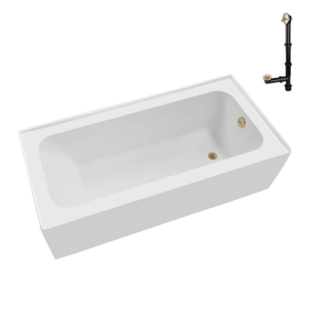 Glossy White Acrylic Rectangular Alcove Bathtub with Polished Brass Drain