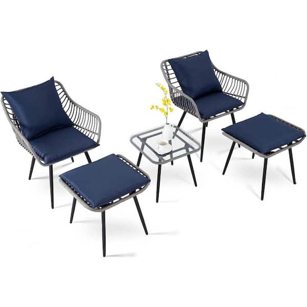 5 Piece Wicker Outdoor Bistro Set with Blue Cushion and Ottoman, Patio Furniture Sets, Rattan Table and Chairs Set of 2
