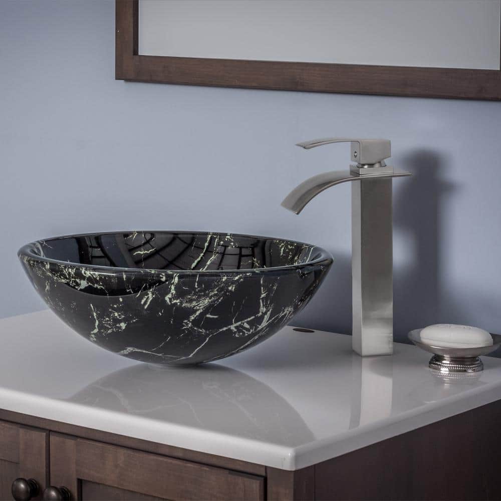 19'' Black and White Tempered Glass Round Vessel Sink