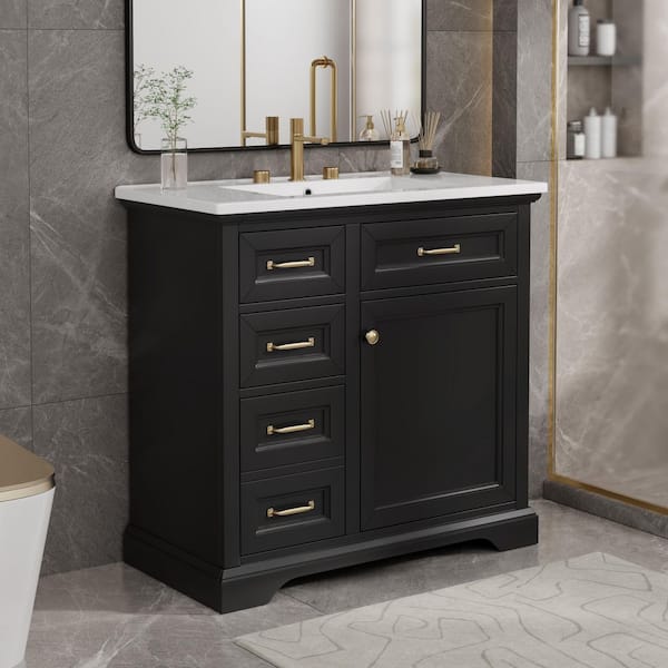 36 in. Black Bath Vanity with White Ceramic Top Sink with Soft-closing Doors and 4-Drawers