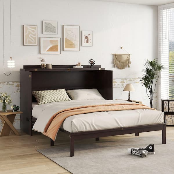 Estra Brown Wood Frame Queen Size Murphy Bed with Power Station, Drawer, Espresso
