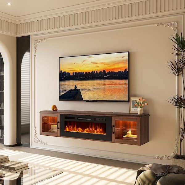 70 in. Wall Mount Floating Mount Modern MDF Electric Fireplace TV Stand 36 in. Brown